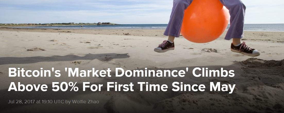 Bitcoin’s ‘Market Dominance’ Climbs Above 50% For First Time Since May